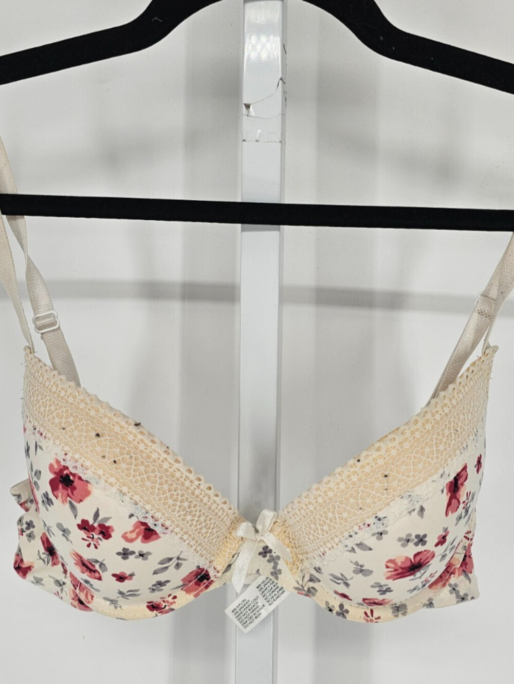 Laura Ashley Womens Sz 34C T Shirt Bra Cream Pink Floral Lace Trim Cottagecore